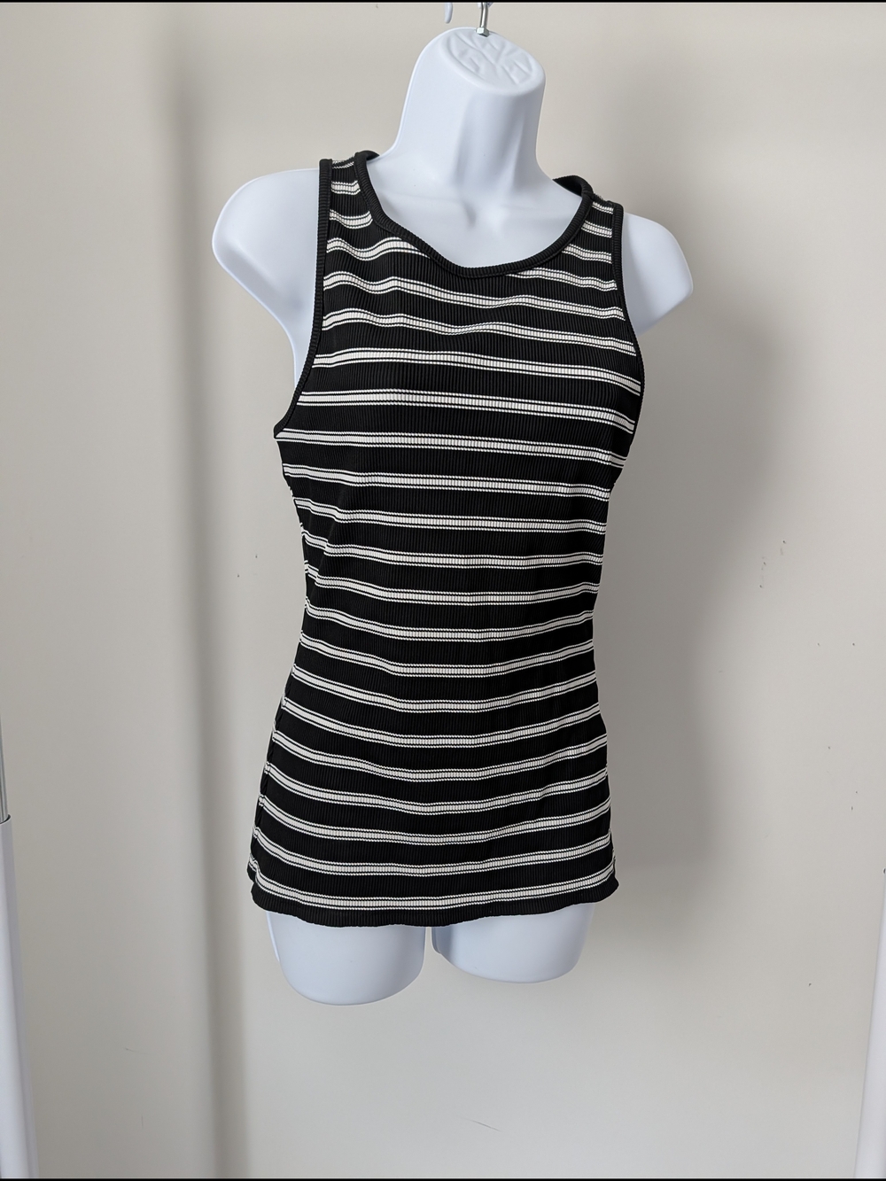 WHBM for ME Black & White Striped Ribbed Tank Top